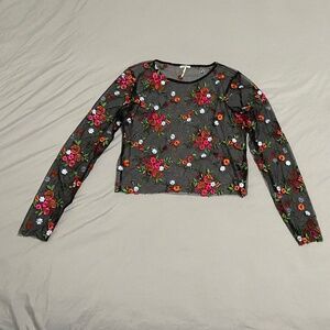 Kimchi Blue Sheer Embroidered Mesh Cropped Top Whimsigoth, Y2K style, Size Large